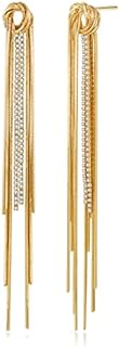 French Clip Back 18k Gold Dangle Earrings with Cubic Zirconia for Women - Long Tassel Knot Design