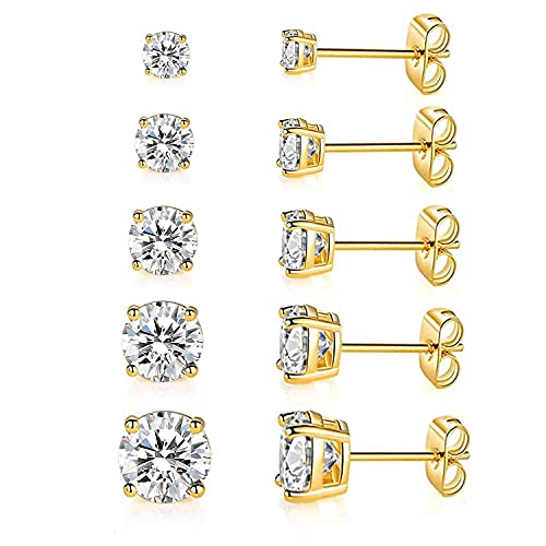 18K Gold Plated 4 Prong Graduated Round Clear Cubic Zirconia Stud Earring Set for Women (5 Pairs)