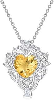 925 Sterling Silver Natural Gemstone Necklace 9.5mm Heart Shaped Purple Amethyst Yellow Citrine Pendant Necklace