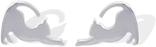 Stretching Cat Stud Earrings with Push Back Design, 925 Sterling Silver, Unisex Design for Cat Lovers