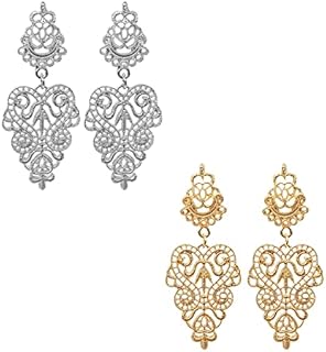 KaFu 2 pairs Bohemian Filigree Chandelier Hollow Lace Pattern Earrings Lightweight Moroccan Style Floral Geometric Dangling Drop Earrings Statement jewelry for Women Girls Wedding