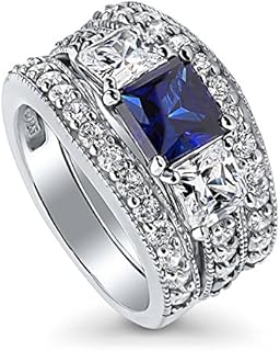 BERRICLE Sterling Silver 3-Stone Wedding Engagement Rings Simulated Blue Sapphire Princess Cut Cubic Zirconia CZ Ring Set for Women, Rhodium Plated Size 4-10