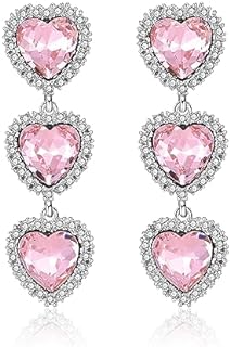 Hot Pink Gold Plated Earrings for Women, Cute Love Heart Flower Large Zirconia CZ Dangle Stud Earrings Jewelry for Women Teen Girls Trendy Gifts for Women