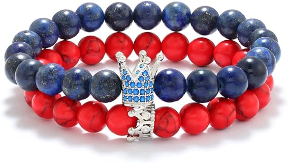 8mm Natural Stone CZ Micro Pave Crown King Queen Beads His and Hers Couple Bracelet, 7.5"