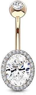 Forbidden Body Jewelry Surgical Steel Double Tiered Fancy CZ Oval Belly Button Ring with Large CZ Center