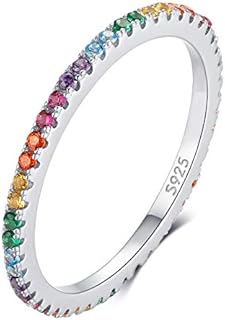 925 Sterling Silver Colorful Ring, Colorful CZ Simulated Diamond Band Ring for Anniversary Promise Wedding Engagement, Jewellery Gifts For Women Girls Ladies