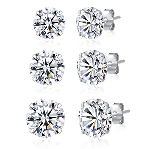 3 Pairs 925 Sterling Silver Cubic Zirconia Stud Earrings Set 3-8mm for Men Women