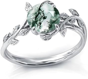 Natural Moss Agate Ring for Women Sterling Silver Green Moss Agate Engagement Ring Wedding Promise Ring Jewelry Gift for Women