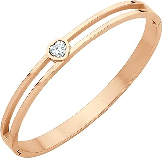 Women's Stainless Steel Heart Bangle Bracelet with Box Chain and Cubic Zirconia by 555Jewelry