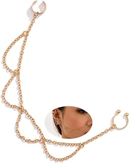 Kenjudess Sexy Pearl Beaded Tassel Nose Ring with Chain to Ear Cuff Non-pierced Septum Hoop Ring Indian Belly Dance Party Nose Accessories for Women and Girls