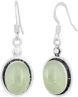 Handcrafted Silver-Plated Prehnite Dangle Earrings for Women, Bohemian Design with Oval Gemstones, Perfect Gift for Mom, Wife, Sister