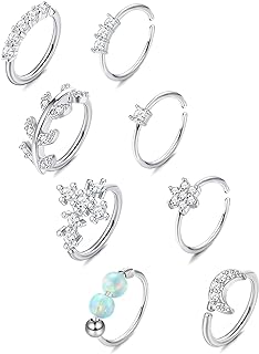 ORAZIO 8Pcs 20G Stainless Steel Nose Hoop Ring for Women Men Paved CZ Cross Moon Flower Crawler Cartilage Earrings Nose Piercing Hoop Body Piercing Jewelry