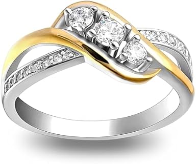 Rhodium-Plated Silver Two-Tone 3-Stone Engagement Ring with Cubic Zirconia for Women - Elegant Vintage-Inspired Design by Ginger Lyne