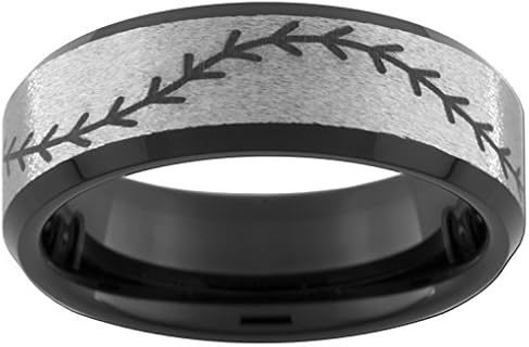 7mm Baseball Stitching Black Stone Finish Tungsten Comfort Fit Wedding Ring Sizes 5-15(Full & Half)