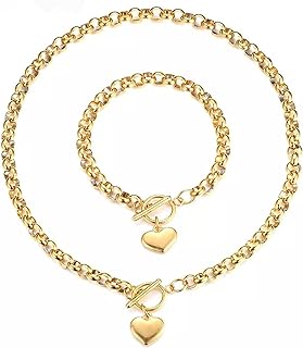 Love Heart Pendant Choker Necklace Bracelet Set for Women Gold/Silver Heart Pendant Necklace Bracelet Punky Pledge Necklace Bracelet Set Dainty Chunky Link Chain Choker Necklaces for Girls