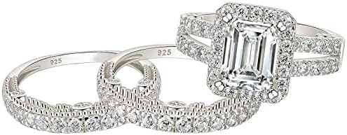 Wuziwen 4 Carat Emerald Cut Sterling Silver Engagement Rings Wedding Ring Set for Women with 3.5mm Eternity Ring for Her Vintage Cubic Zirconia Stackable Ring Enhance SZ 7