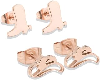 Minimalist Western Cowgirl Boots Stud Earrings for Women Hypoallergenic Hat Earrings Cool Polished Stainless Steel Cowboy Fancy Dress Costume Party Jewelry