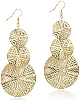 KaFu Lightweight Bohemia Geometric 14K Gold Round Disc Triple Long Earrings Dangle Drop Filigree Carved Statement Earring for Women Girls