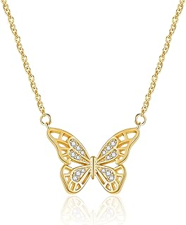 Ascona Women's Dainty Butterfly/Evil Eye Pendant Necklace with Box Chain, 18K Gold Plated and Cubic Zirconia, Adjustable 18''+2'' Length