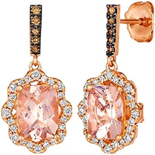 LE VIAN 2/5 Carat Diamond and 2 Carat Cushion Cut Morganite Drop Earrings for Women in 14k Rose Gold (White/Fancy Brown, cttw) Halo Earrings with Push Backs