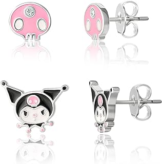 Sanrio Women's Punky Kuromi and Pink Skull Hello Kitty Stud Earrings with Crystal Accents and Push Back - Officially Licensed Brass Earrings