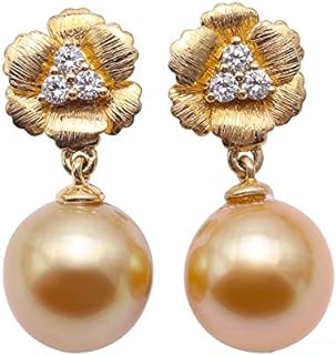 JYX Pearl 18K Yellow Gold Earrings AAA+ Quality Genuine Elegance 10mm Golden South Sea Cultured Pearl Drop Earrings Dotted with Shiny Diamonds for Women