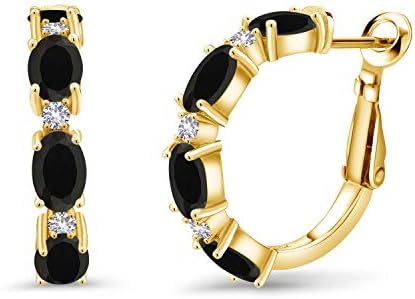 18K Yellow Gold Plated Onyx and Created Sapphire Lever Back Hoop Earrings for Women - Oval Design