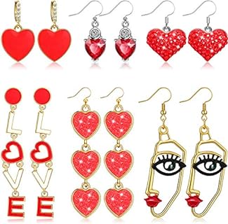 Hicarer 6 Pairs Colorful Love Earrings Red Interlocking Heart Dangle Earrings Set Birthstone Jewelry Heart Human Face Dangle Earring for Women Girls