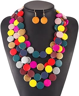 Barode Statement Layered Necklace Multicolor Wood Bead Chunky Beaded Bib Necklaces with Earings Long Multi Strand African Necklace Costume Jewelry for Women