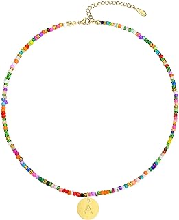 MPRAINBOW Colorful Beaded Initial Necklaces - Handmade Layered Gold Choker Summer Boho Letter Necklace Jewelry for Women Teen Girls Sister Friends,Beach Surfer Necklace Holiday Birthday Gift for Her