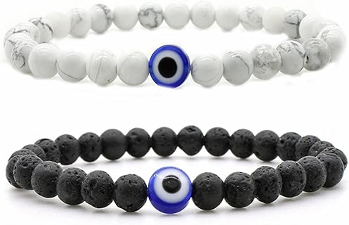 2-3Pcs Lucky Turkish Blue Evil Eye Hamsa Hand of Fatima Beaded Stretch Bracelet Elastic 7 Chakras Gemstone Lava Stone Bracelet for Women Men Girl Boy Good Luck Protection Amulet Jewelry
