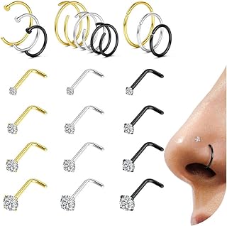 LOYALLOOK 21Pcs Nose Rings Studs - 316L Surgical Steel Gold Nose Studs Double Hoop Nose Ring for Women Men 18G 20G Silver Gold Black Nose Rings Stud Hypoallergenic Nose/Body Piercing Jewelry 1.5mm 2mm 2.5mm 3mm Clear CZ