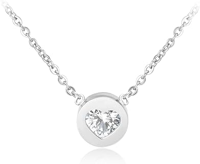 Lobster-Claw Clasp Stainless Steel Necklace with Cubic Zirconia Heart Pendant, Cable Chain Design for Women - Engraved Round Disc Shape