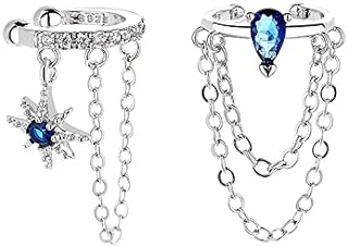 Black Ear Cuff For Women Non Piercing Goth Chain Dangle Thorns Cross Blue Cubic Zirconia Dainty Cool Asymmetrical Design Gothic Chain Earrings With Ear Cuff Clip On Cartilage Jewelry