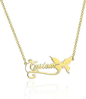 10K/14K/18K Pure Gold Personalized Name Necklace for Women Her Girls, Solid Gold Customized Butterfly Nameplate Pendant Jewelry Gift for Birthday Engagement Christmas 16-22 Inches