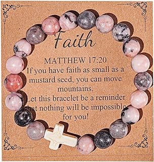 COLORFUL BLING Natural Healing Stone Cross Beaded Strand Adjustable Dangling Bracelet With Meaningful Card Inspirational Religious Faith God for Women Jewelry Gifts Christmas