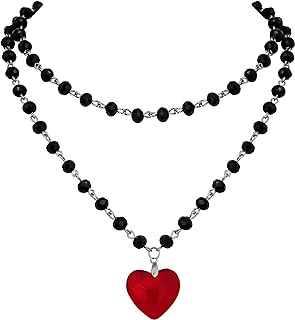 Sacina Gothic Y2k Red Heart Necklace,Black Beaded Heart Necklace, Gothic Necklace, Y2k Necklaces, Halloween Necklace, Christmas New Year Jewelry Gift For Women
