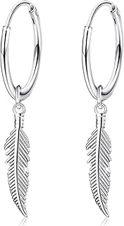 JeweBella Boucles d'oreilles avec Pendentif Plume en Argent Sterling 925, 15mm Créoles pour Femmes et Hommes, Idéales pour Occasions Spéciales et Oreilles Sensibles