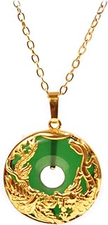 Gold-Plated Copper Clasp Japanese Dragon Phoenix Pendant Necklace with Diamond Setting for Men and Women, featuring Natural Blue Jade Design