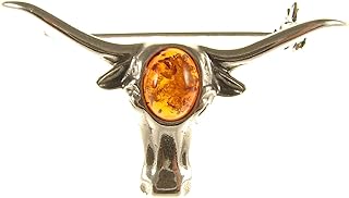 Premium Baltic Amber & 925 Sterling Silver Bull Brooch with Pin Clasp, Polish Designer Jewelry, 40mm