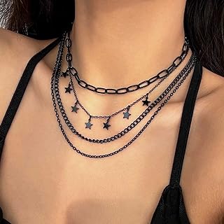 Multilayered Cross Choker Necklace with Cable Chain and Lobster Clasp for Women and Girls in Gothic Black Star Design