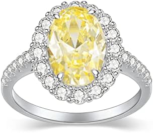 LONAGO 925 Sterling Silver 3ct Oval Yellow Citrine CZ Crystal Engagement Ring, Promise Wedding Statement Halo Ring for Women