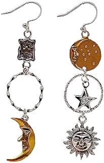 Boho Sun Star Moon Earrings for Women Gothic Asymmetrical Sun Moon Face Dangle Earrings Silver Antiqued Vintage Moon Star Earrings for Women Jewelry Gifts