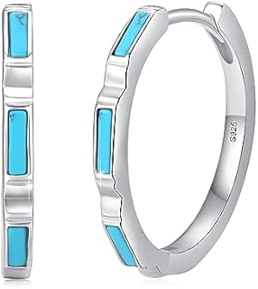 925 Sterling Silver, White Gold Plated Turquoise Earrings for Women and Teen Girls - Hypoallergenic Small Boho Hoop Design Huggie Earrings with Western Gemstone Accents.