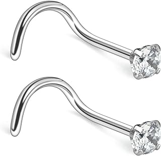 Ruifan 20G 316L Surgical Steel 2.5mm Clear Diamond CZ Right Nose Rings Studs Twist Screw Bend Ring Body Piercing Jewelry