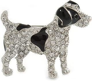 Clear Crystal with Black Enamel Spots Jack Russell Terrier Dog Brooch In Silver Tone Metal - 40mm Across
