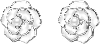 S925 Sterling Silver Rose Flower Pearl Stud Earrings with Push Back Design for Women and Girls