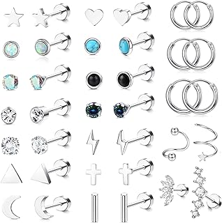 YADOCA 19Pairs Surgical Steel Stud Earrings Set for Women Men Small CZ Heart Star Moon Flat Back Earrings Hypoallergenic 20G Tiny Cartilage Earrings Stud Hoops Helix Tragus Daith Earrings Piercing Jewelry