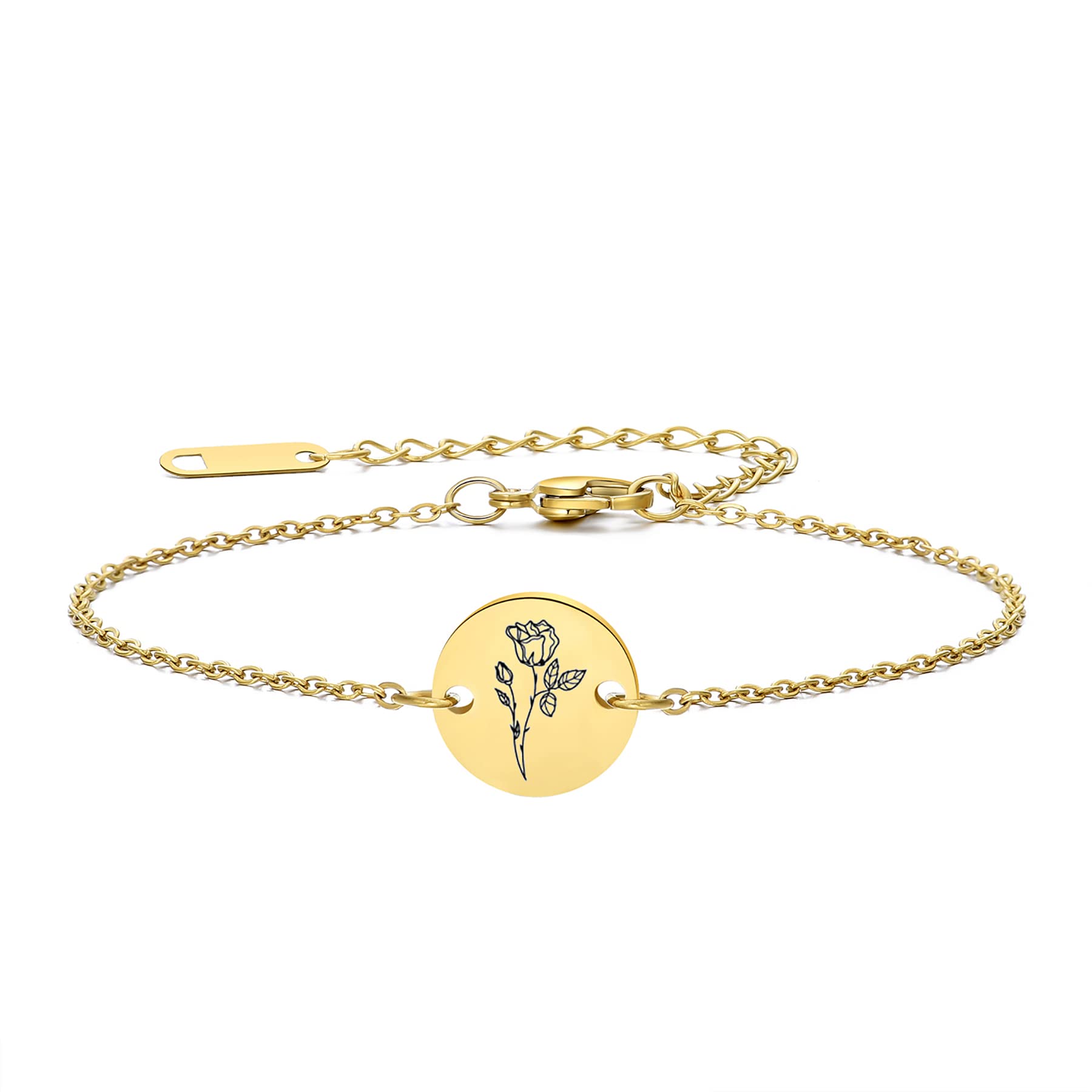 LOXUAKAM Birth Flower Bracelet 18k Gold Engraved Custom Floral Pendant Bracelets Dainty Stainless Steel Birth Month Chain Disc Charm Hand Stamped Flower Disk Bracelets Personalized Jewelry Birthday Gift for Her