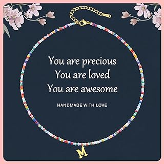 Vibrant Colorful Beaded Initial Necklace with C-Link Chain, Turquoise Gem Accent for Teen Girls, Handmade from Stainless Steel, 18K Gold Plated